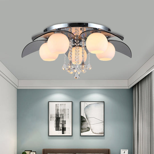 Contemporary Flush Mount Lamp With Milkglass Crystal Strand & Leaf Decor - 5 Lights Ideal For Hotels