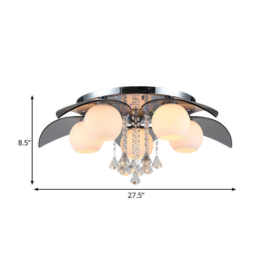 Contemporary Flush Mount Lamp With Milkglass Crystal Strand & Leaf Decor - 5 Lights Ideal For
