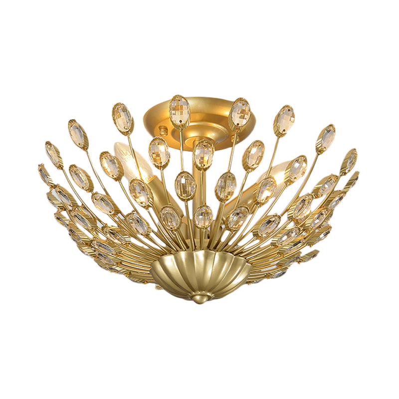 Vintage Crystal Bowl Semi-Flush Ceiling Lamp With Gold Finish For Bedroom - 3 Bulbs