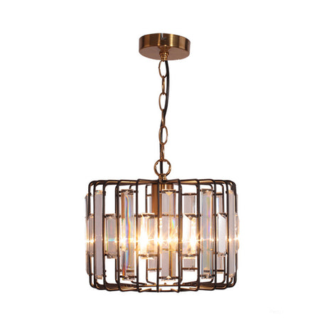 Brass Hanging Light Drum Cage - Crystal Embedded 11/13 Wide 1-Light Rustic Ceiling Pendant For