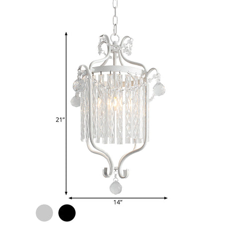 Retro Iron Single Scroll Frame Pendant Light - Black/White Suspension Lamp With Crystal Rod Drape