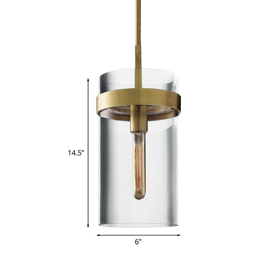 Postmodern Brass Cylinder Ceiling Pendant Light With Clear Glass