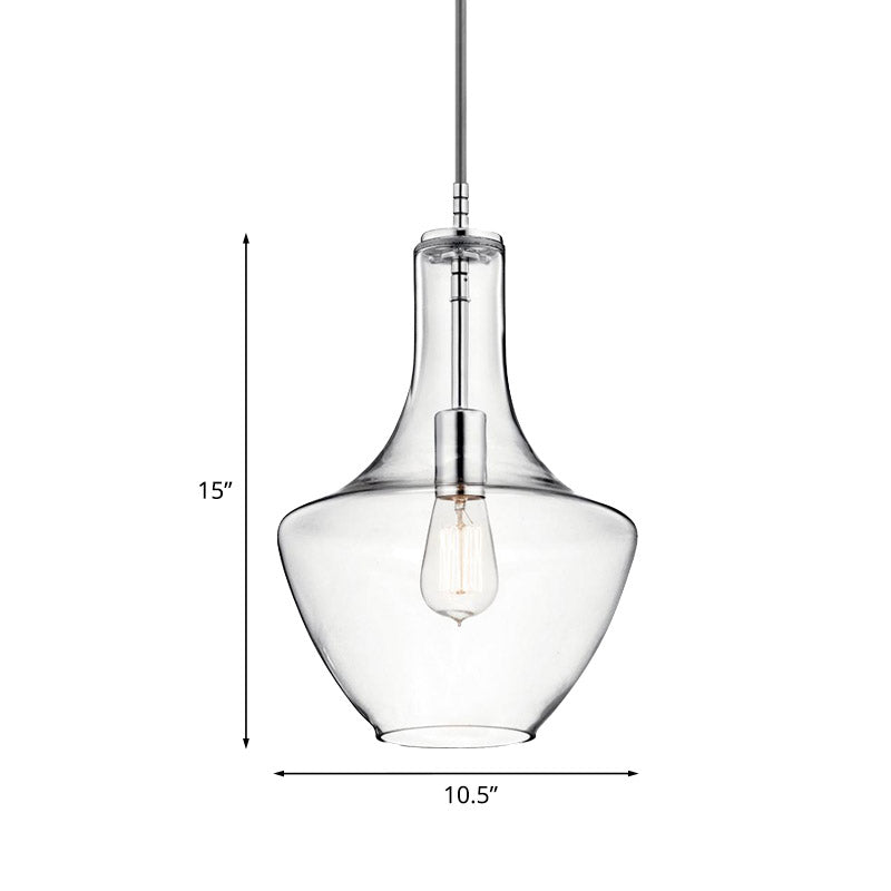Minimalist Chrome Pendant Light With Clear Glass Urn Shape- 1-Light Ceiling Lamp