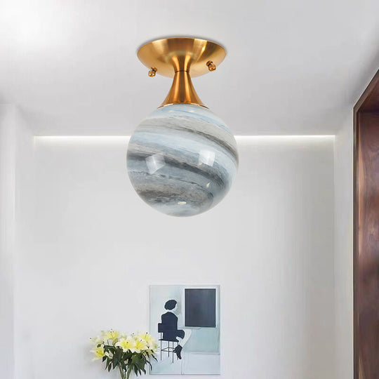 Contemporary Globe Blue Glass Flush Mount Light Fixture - 1 Gold Lamp
