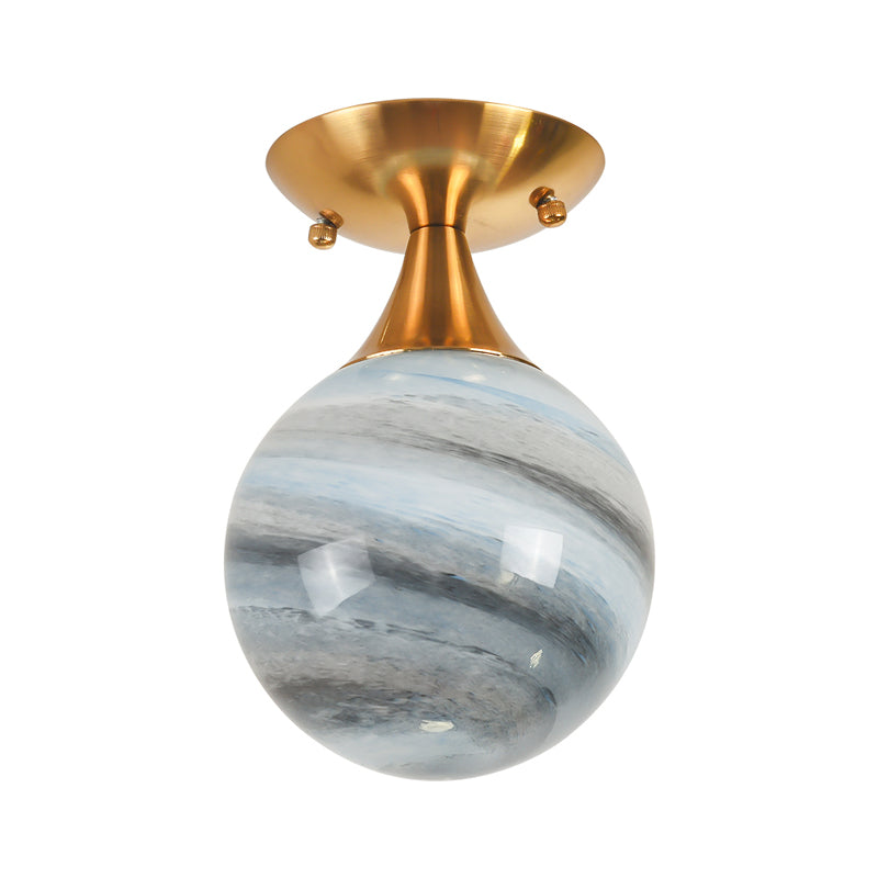 Contemporary Globe Blue Glass Flush Mount Light Fixture - 1 Gold Lamp