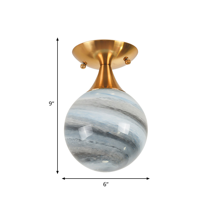 Contemporary Globe Blue Glass Flush Mount Light Fixture - 1 Gold Lamp