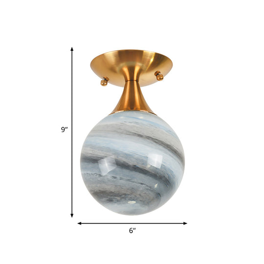 Contemporary Globe Blue Glass Flush Mount Light Fixture - 1 Gold Lamp