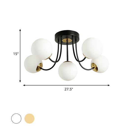 Modern Semi - Flush Ceiling Light: Spherical Design White Frosted/Amber Glass 5 Bulbs | Bedroom
