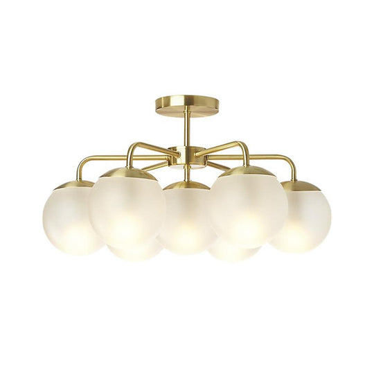 7 - Head Bedroom Semi Flush Brass Ceiling Lamp With Radial Postmodern Design And Ball Foggy Glass