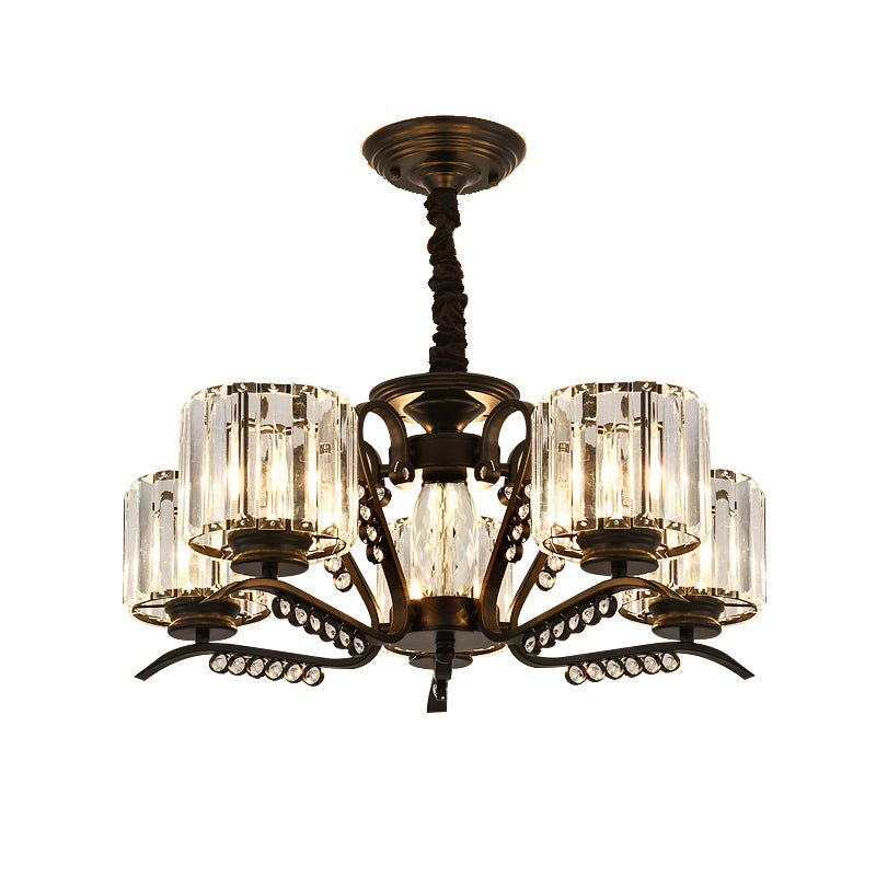 Modern Black Ceiling Chandelier With Crystal Cylinder Shade - 3/5 Heads Perfect For Living Rooms