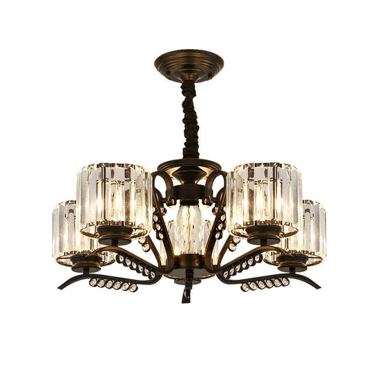 Modern Black Ceiling Chandelier With Crystal Cylinder Shade - 3/5 Heads Perfect For Living Rooms
