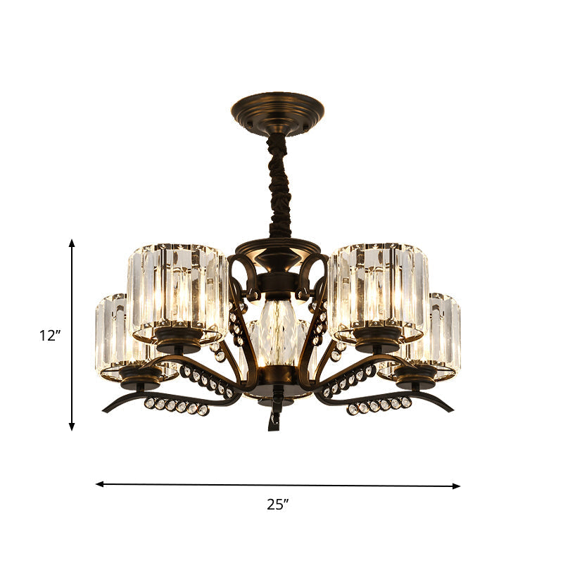 Modern Black Ceiling Chandelier With Crystal Cylinder Shade - 3/5 Heads Perfect For Living Rooms