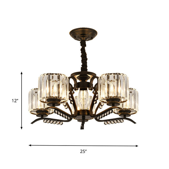 Modern Black Ceiling Chandelier With Crystal Cylinder Shade - 3/5 Heads Perfect For Living Rooms
