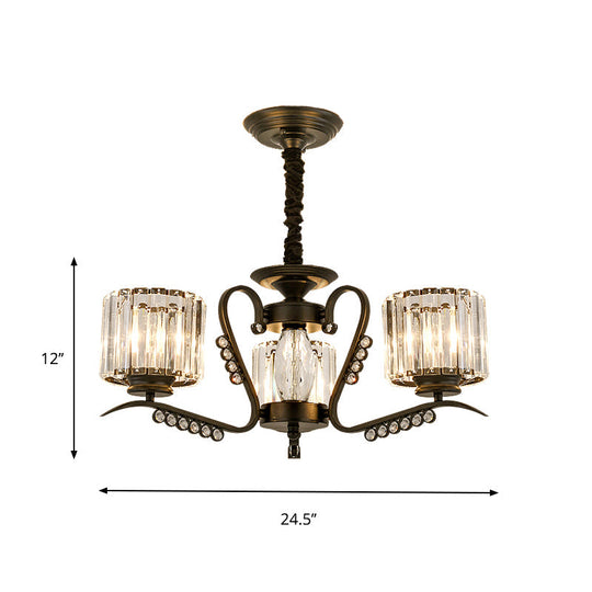 Modern Black Ceiling Chandelier With Crystal Cylinder Shade - 3/5 Heads Perfect For Living Rooms