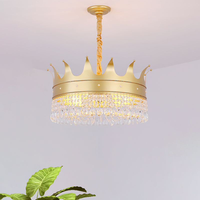 Gold Metal Chandelier Light Modernist Crown Shape 4 Bulb Pendant Lamp with Crystal Droplet for Stylish Living Room Gold
