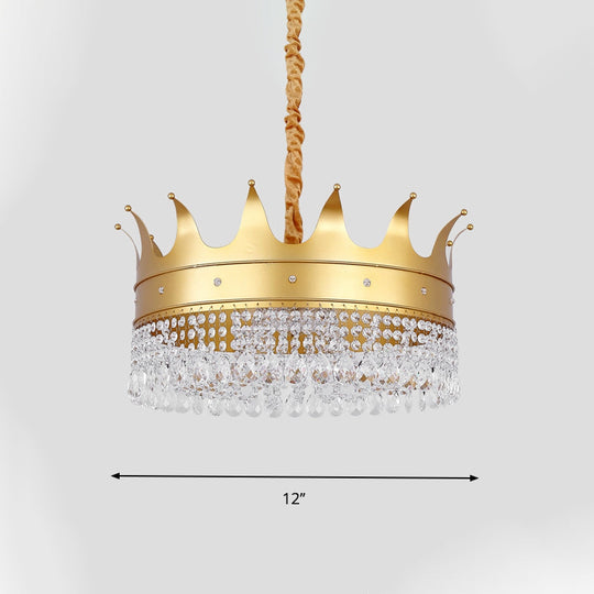 Gold Metal Chandelier Light Modernist Crown Shape 4 Bulb Pendant Lamp with Crystal Droplet for Stylish Living Room Gold
