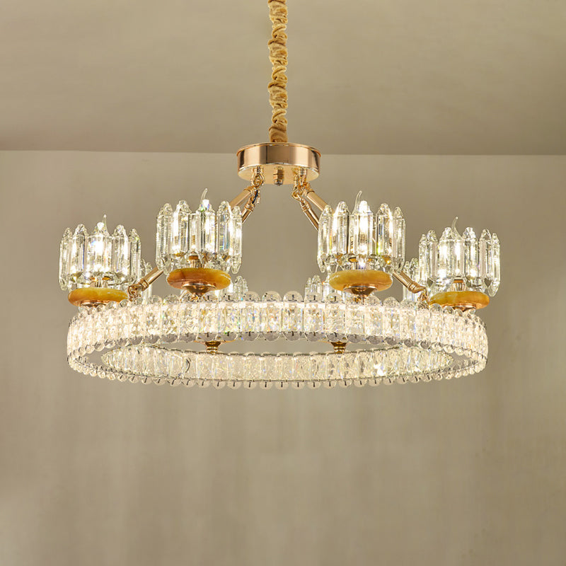 Modern Cylinder Crystal Chandelier Ceiling Light With Gold Ring - 6/8 Bulb Options