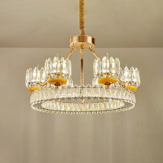 Modern Crystal Block Cylinder Chandelier With Gold Ring - 6/8 Bulb Ceiling Lamp For Living Room