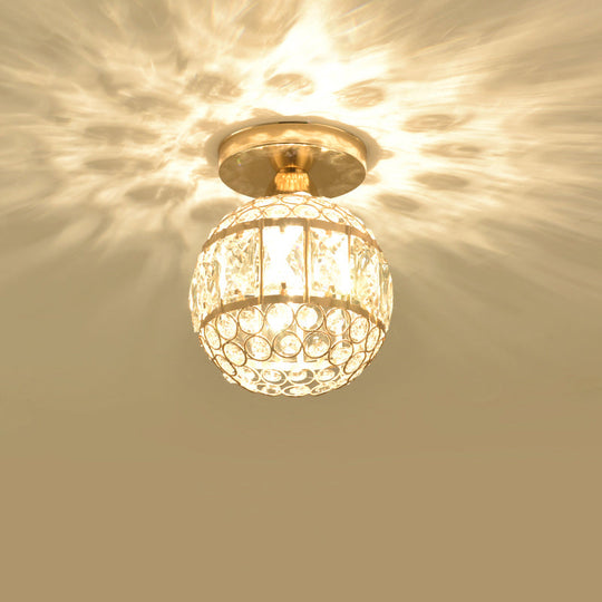Minimalistic Led Flushmount Lighting: Cylinder/Globe Shaped Crystal Lamp Gold-Finished