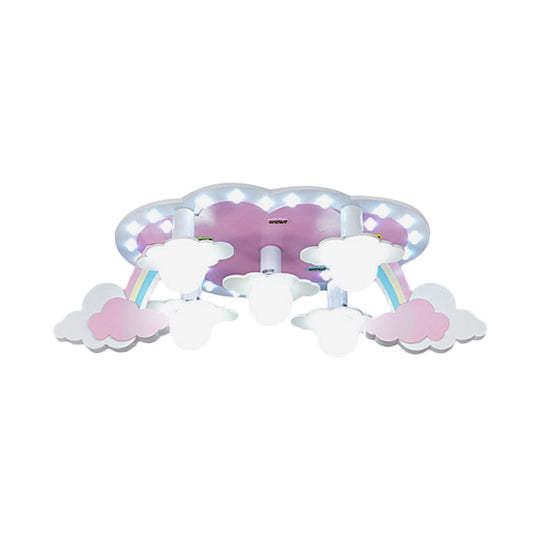 Rainbow Girls Wood Ceiling Lamp: Pink 5-Light Cartoon Flush Mount With Open Bulb Design