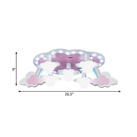 Rainbow Girls Wood Ceiling Lamp: Pink 5-Light Cartoon Flush Mount With Open Bulb Design