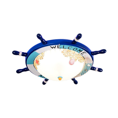 Flush Mount Wood Ship Rudder Led Ceiling Light In Mediterranean Blue/Light-Blue With Matte Glass