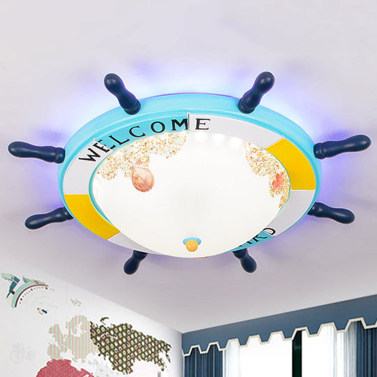 Flush Mount Wood Ship Rudder Led Ceiling Light In Mediterranean Blue/Light-Blue With Matte Glass