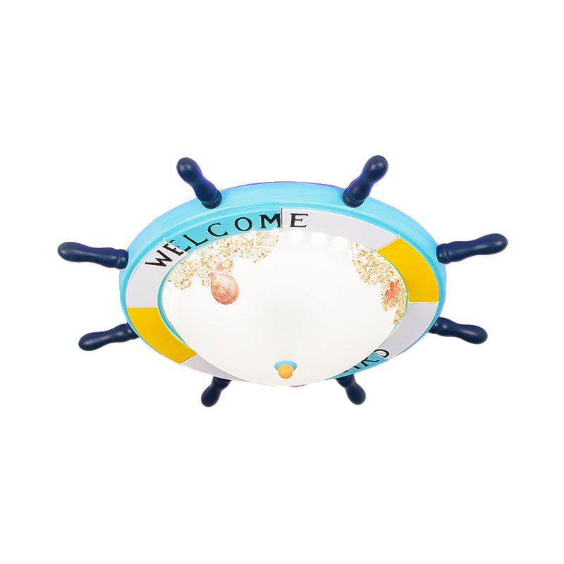 Flush Mount Wood Ship Rudder Led Ceiling Light In Mediterranean Blue/Light-Blue With Matte Glass