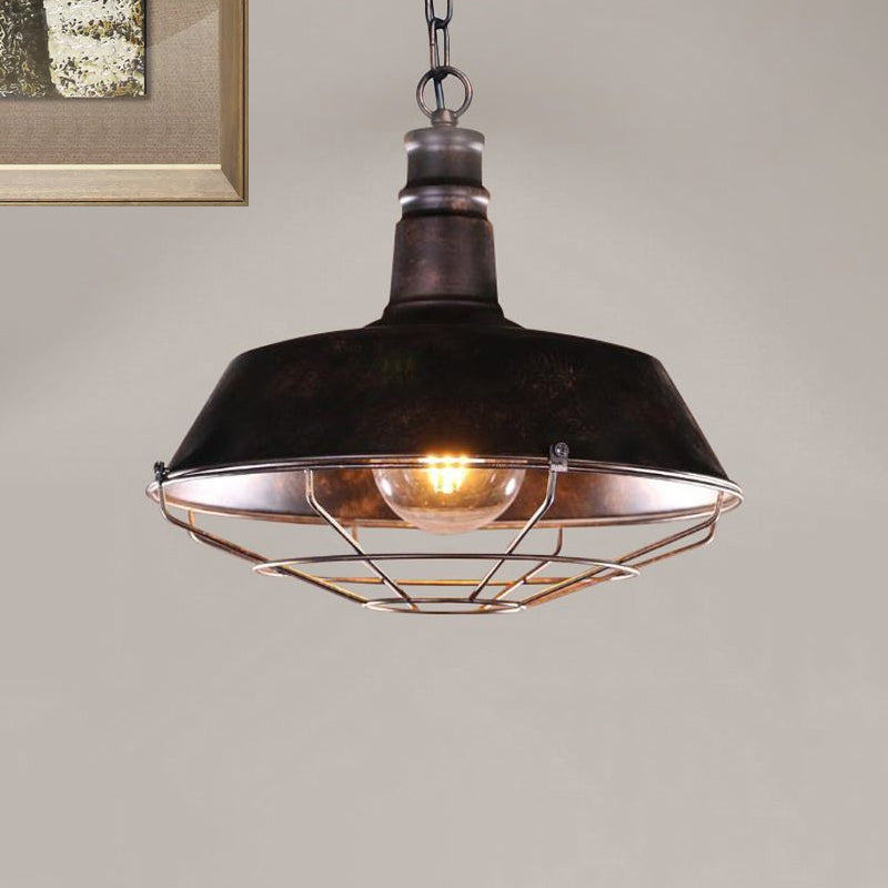 Vintage Wire Guard Pendant Light With Barn Shade - 10’/14’/18’ Wide Black/Bronze/Rust Metal