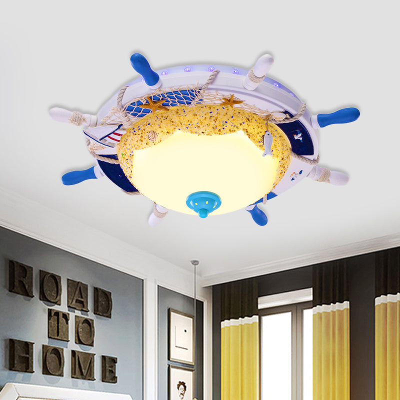 Frosted Dome Opal Glass Ceiling Light - Kids White Led Flush Mount With Rudder Canopy & Marine