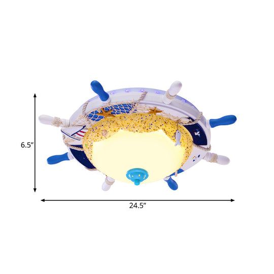 Frosted Dome Opal Glass Ceiling Light - Kids White Led Flush Mount With Rudder Canopy & Marine