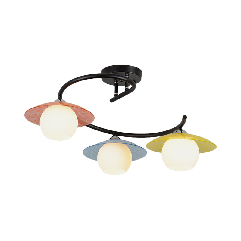 Black Macaron Swirled Iron Semi Flush Mount Ceiling Light With 3 Bulbs And Colored Saucer Cap