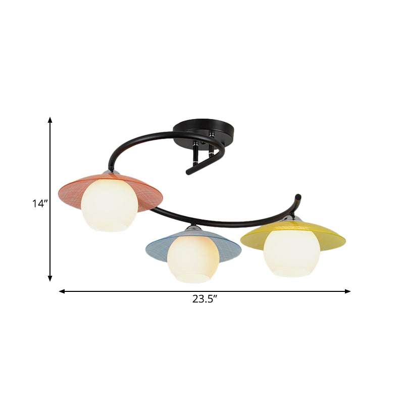 Black Macaron Swirled Iron Semi Flush Mount Ceiling Light With 3 Bulbs And Colored Saucer Cap