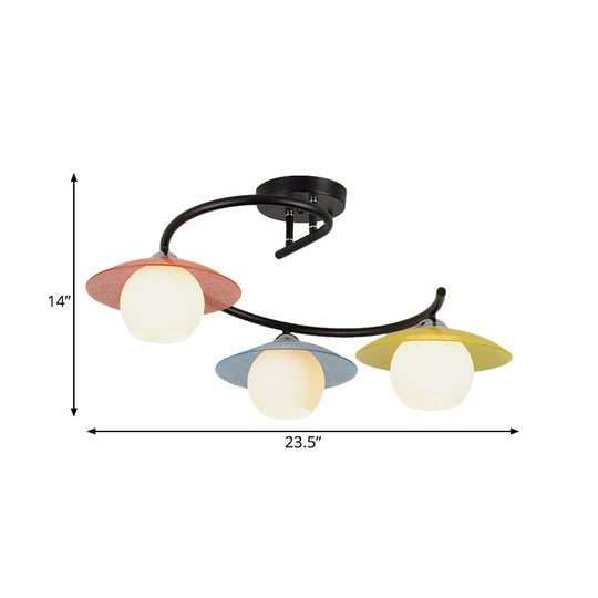 Black Macaron Swirled Iron Semi Flush Mount Ceiling Light With 3 Bulbs And Colored Saucer Cap