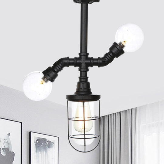 Antique Style Semi-Flush Ceiling Light - Clear Glass Flush Mounted Lamp With Cage In Black 3 Bulbs