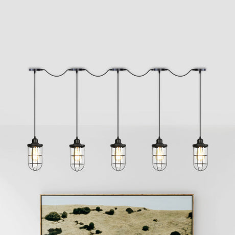 Black Multi-Light Chandelier | Farmhouse Style Clear Glass Cage Tandem Ceiling Lamp