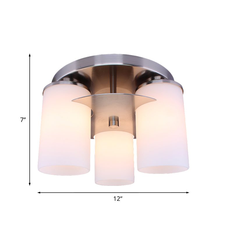 Modern Chrome Flush Mount Lighting - 3 - Light Bedroom Fixture With Cream Glass Shade