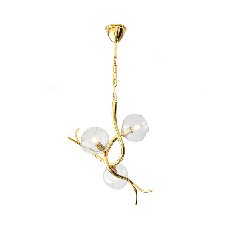 Modern Gold Finish Branch Pendant Chandelier - Clear Glass Led Ceiling Light (3 Heads)