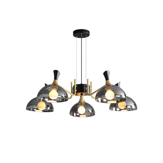Modernism Dome Ceiling Chandelier - Smoke Gray/Amber Glass 5 Bulbs Bedroom Pendant Light