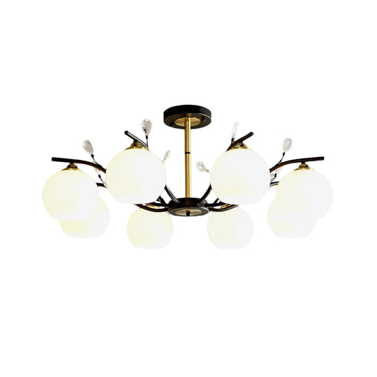 Modernist Semi Flush Mount Ceiling Light - Cream/Clear Glass Black And Gold Crystal Accent 8 - Bulb