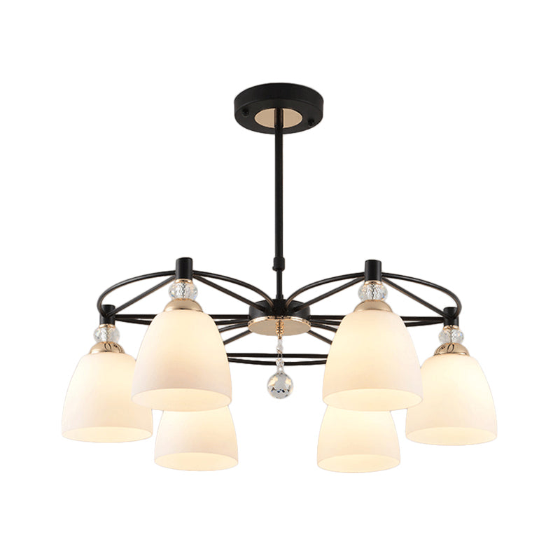 Modern Cup Shape Chandelier Cream Glass Ceiling Lamp With Crystal Droplet - Black