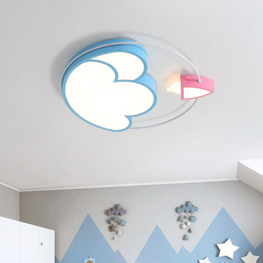 Cartoon Blue Rocket Flush Light: Led Ceiling Fixture