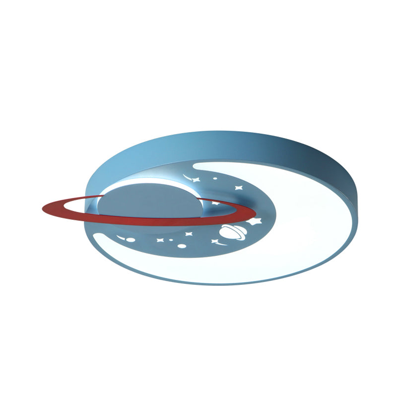 Childrens Led Flush Mount Light Fixture In White/Blue With Moon And Planet Design