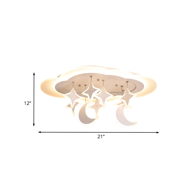 Kid-Friendly Acrylic Cloudy Led Flush Ceiling Light With Dangling Moon And Star - Warm/White Glow