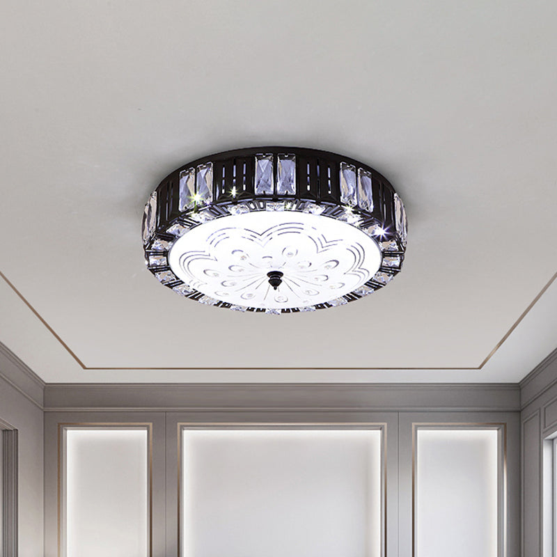 Modern Black Metal Led Flush Mount Bedroom Lamp With Crystal Accent / A