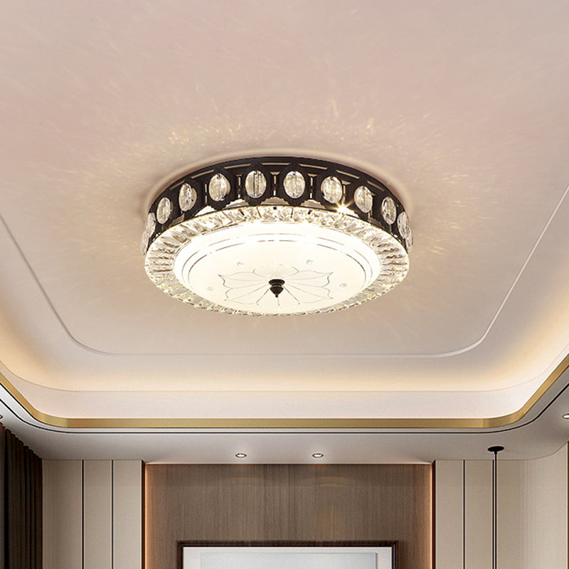 Modern Black Metal Led Flush Mount Bedroom Lamp With Crystal Accent / B
