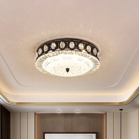 Modern Black Metal Led Flush Mount Bedroom Lamp With Crystal Accent / B