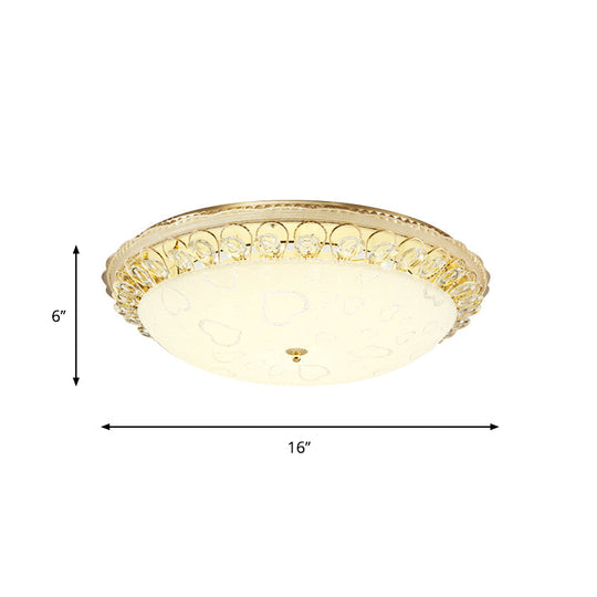 Frosted Glass Gold Ceiling Lamp - Domed Led Flush Light With Crystal Accent (16/19.5 Wide)