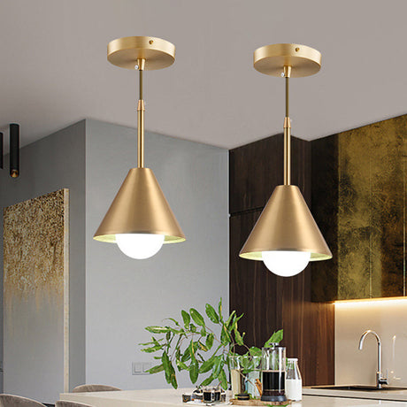 Brass Cone Pendant Light For Dining Table - Mid Century Metal Lamp