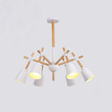Nordic Wood Swing Arm Chandelier Light With 6 Bulbs - Black/White Conic Lamp Shade